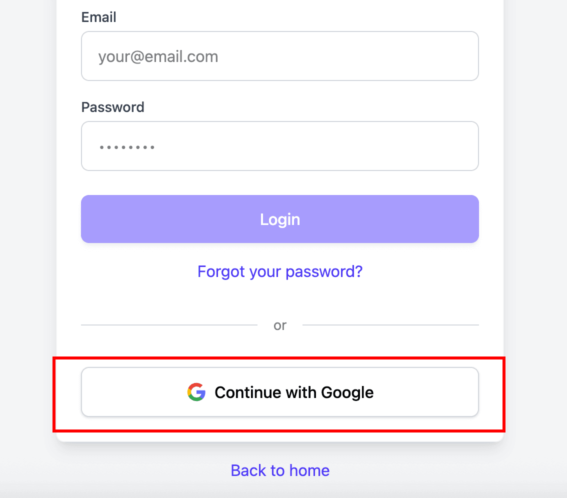 Google Oauth connection form